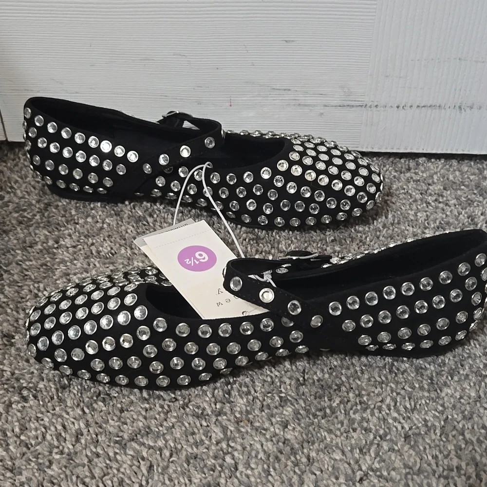 Black Rhinestone Studded Mary Jane Ballet Flats Style Shoes, Size 6.5, NEW W/Tag - Picture 5 of 15
